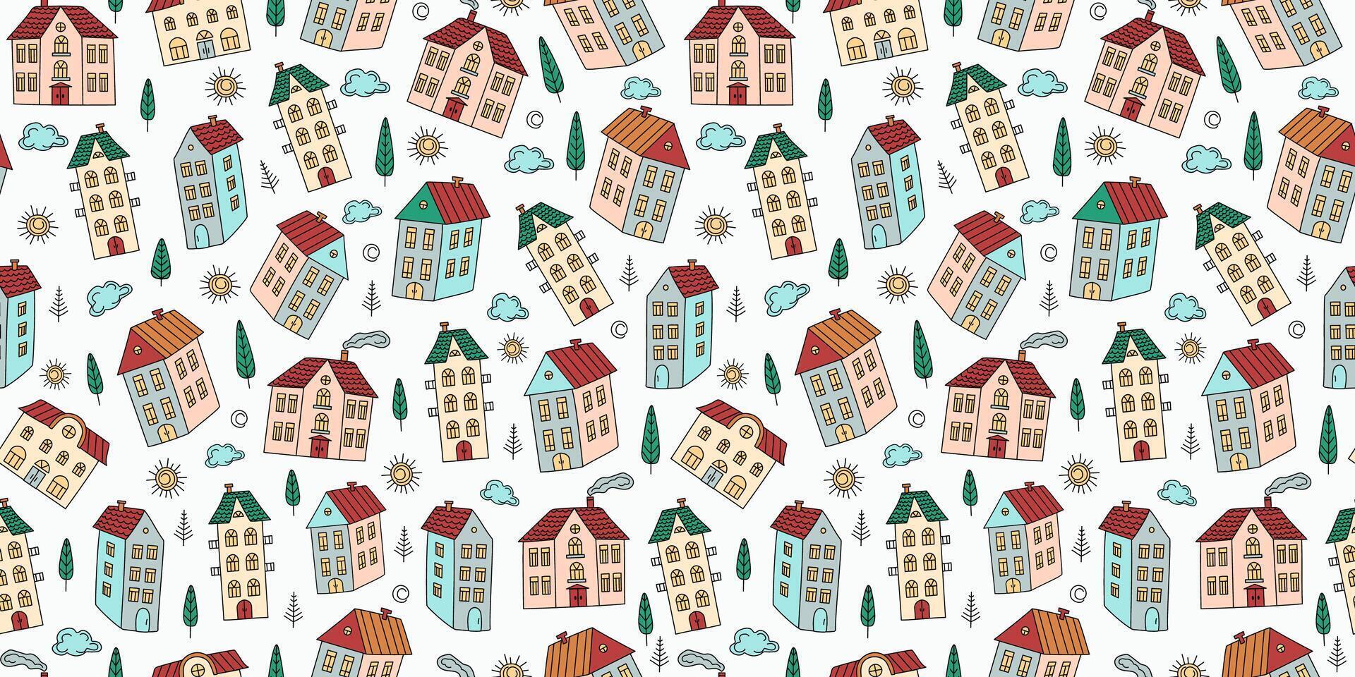 Street, town. Cute colorful old houses, seamless pattern. Hand drawn cartoon city, trees, clouds, sun. Drawing, doodle. Architecture, construction. Repeating background for decor textiles, wallpaper. vector