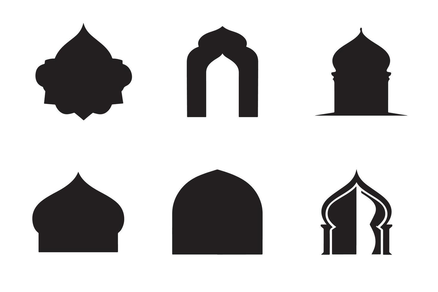 Beautiful mosque window and door silhouette set white background vector