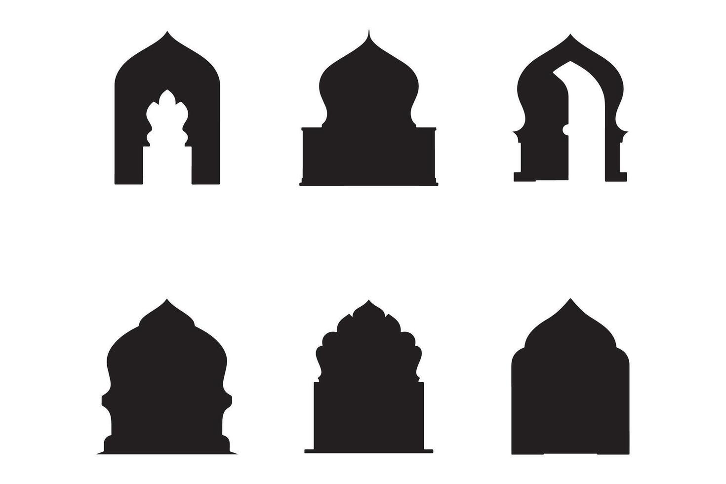 Beautiful mosque window and door silhouette set with white background vector