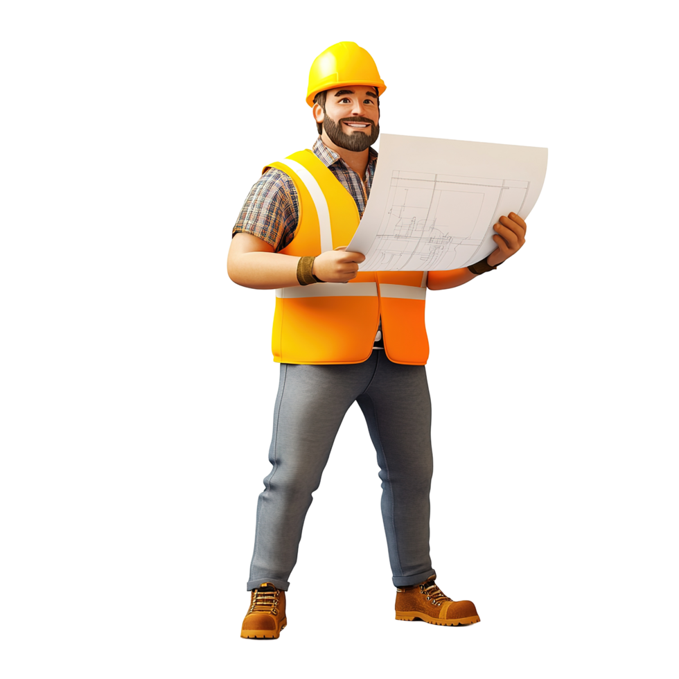 Happy Construction Worker Reviewing Building Plans Isolated on Transparent Background png