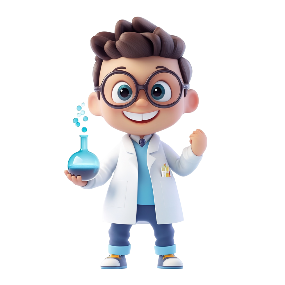 A Happy Boy Scientist Holds a Beaker of Blue Liquid Isolated on Transparent Background png