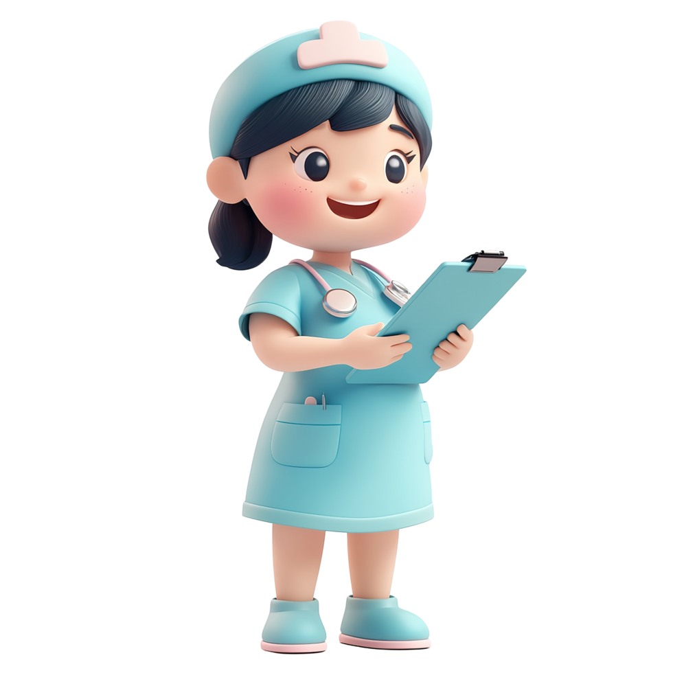 A Cheerful Cartoon Nurse Holds a Clipboard, Isolated on Transparent Background png