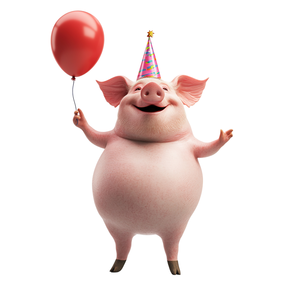 Happy Pig Celebrates Birthday With Red Balloon Isolated on Transparent Background png