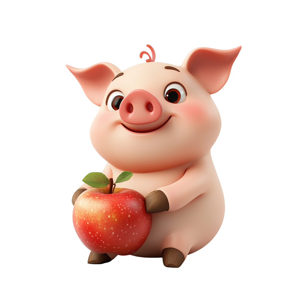 Happy cartoon pig holding a red apple Isolated on Transparent Background png