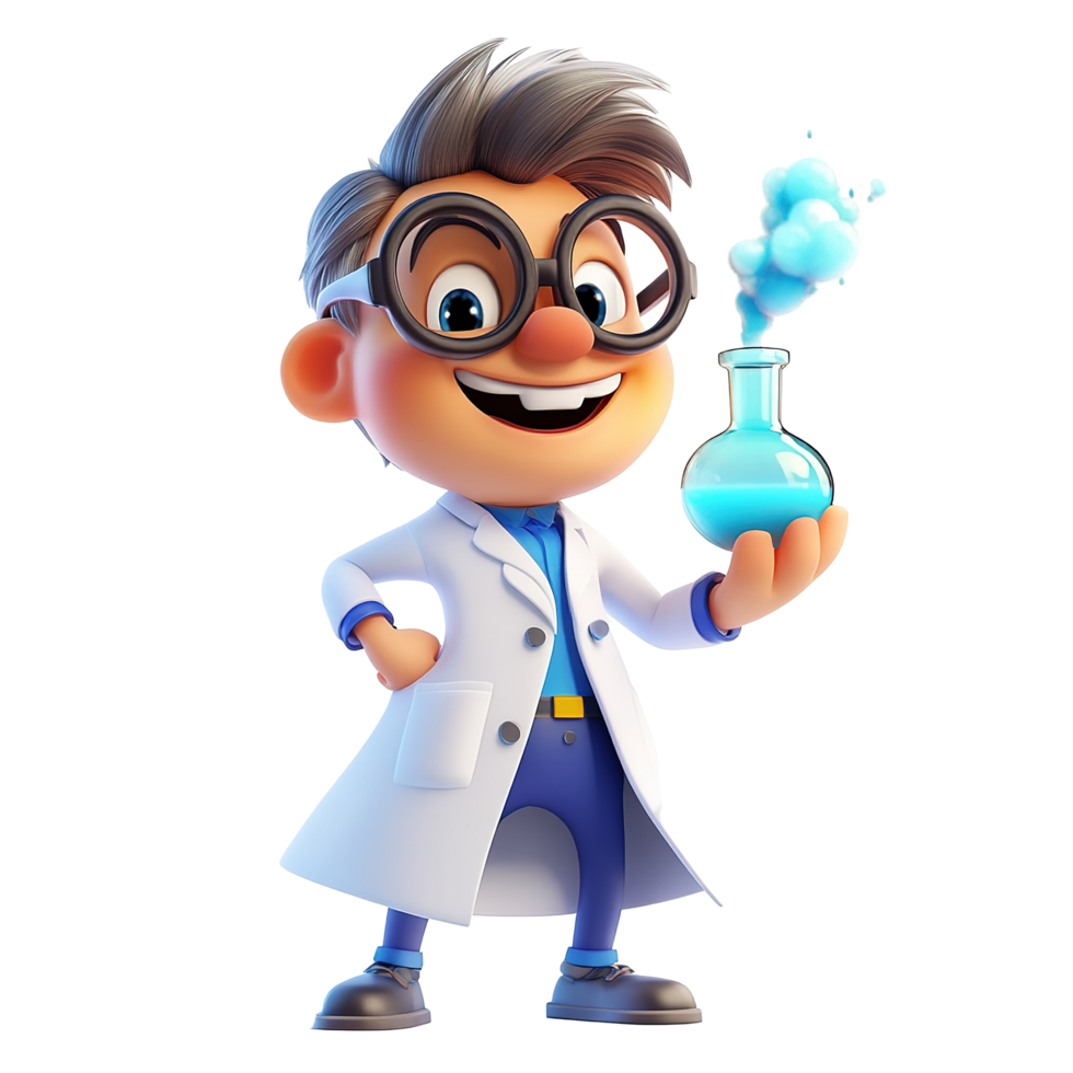 A Cartoon Scientist Holds a Beaker of Blue Liquid Isolated on Transparent Background png