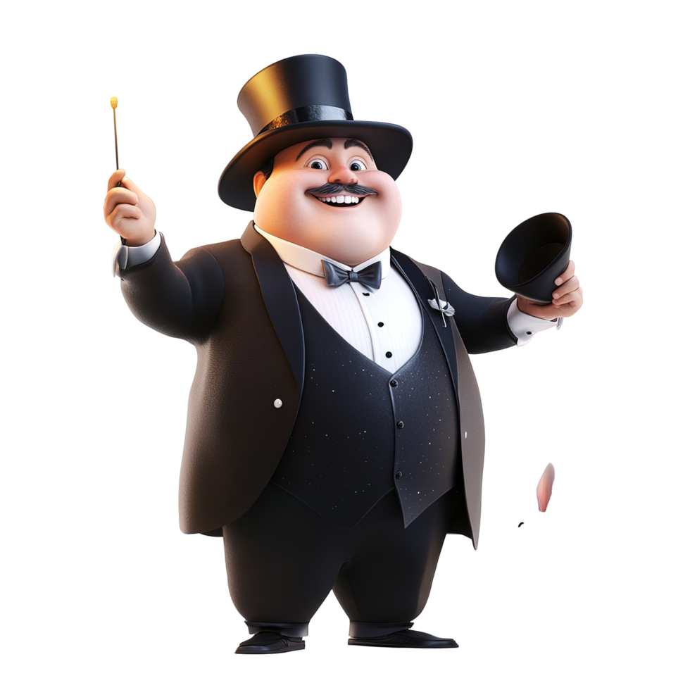 A jovial cartoon magician performs a magic trick Isolated on Transparent Background png
