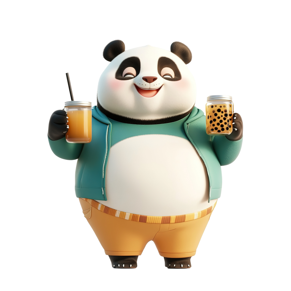 Happy Panda Enjoying Two Bubble Teas Isolated on Transparent Background png
