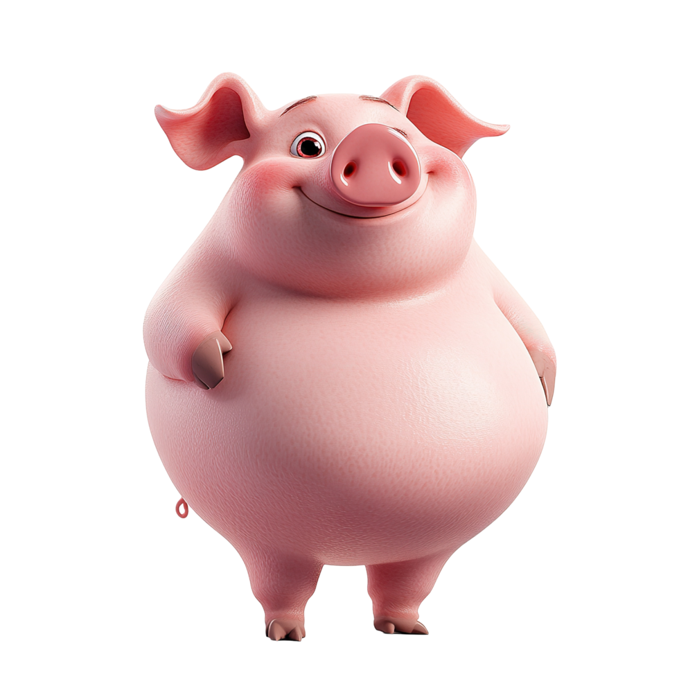 A happy chubby cartoon pig stands smiling Isolated on Transparent Background png