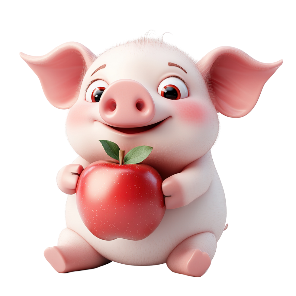 Adorable Cartoon Piglet Holding A Red Apple Isolated on Transparent Background png