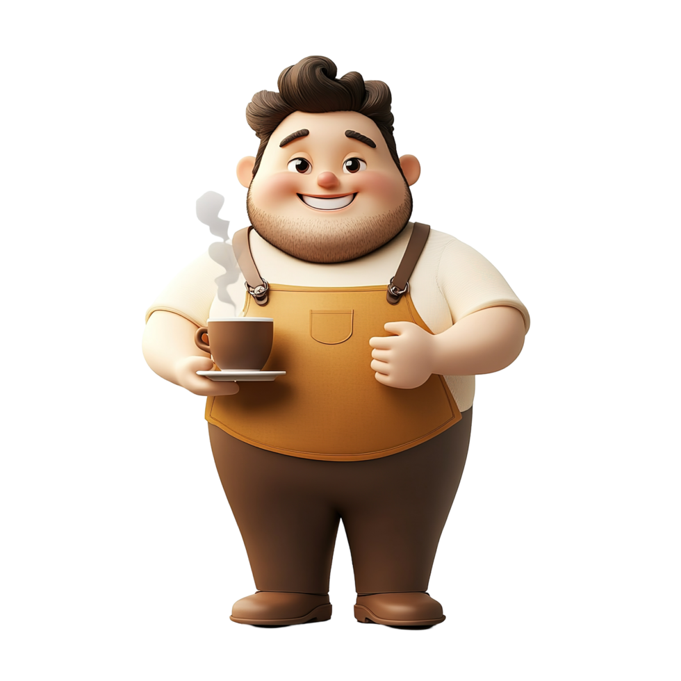 Happy Cartoon Barista Holding a Cup of Coffee Isolated on Transparent Background png