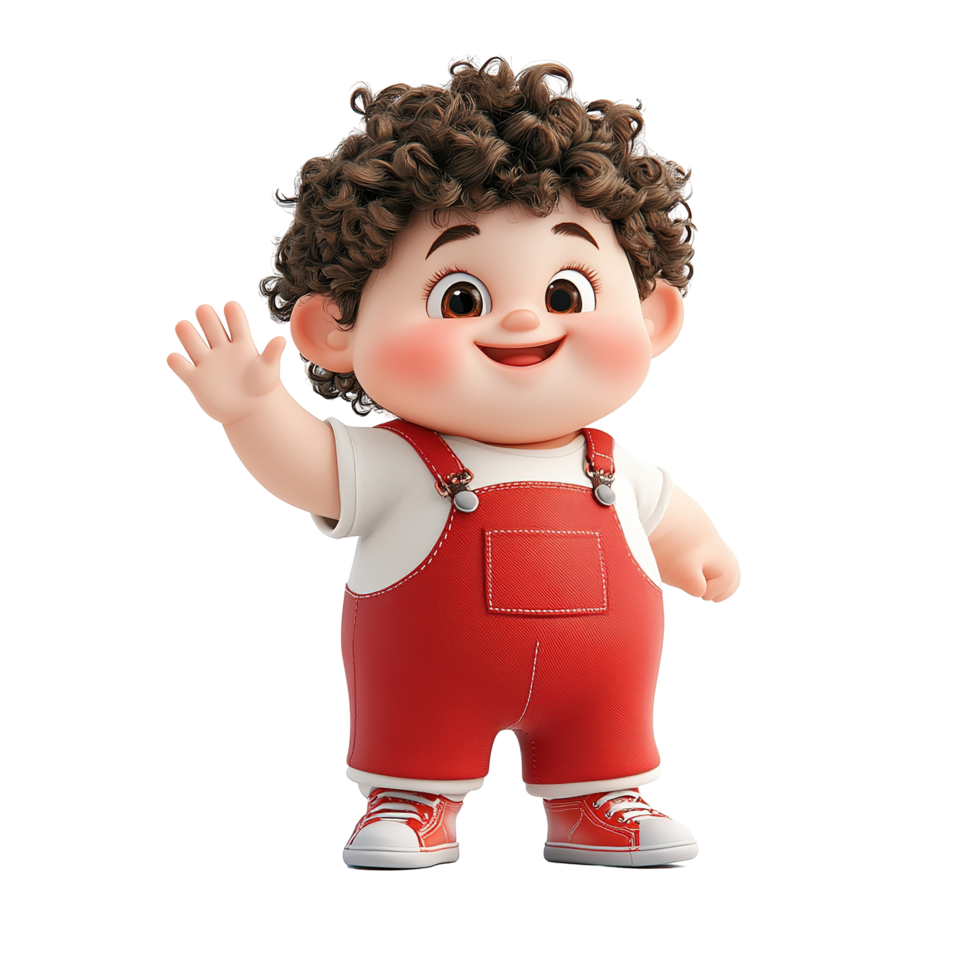 A cheerful toddler waves hello in red overalls, Isolated on Transparent Background png