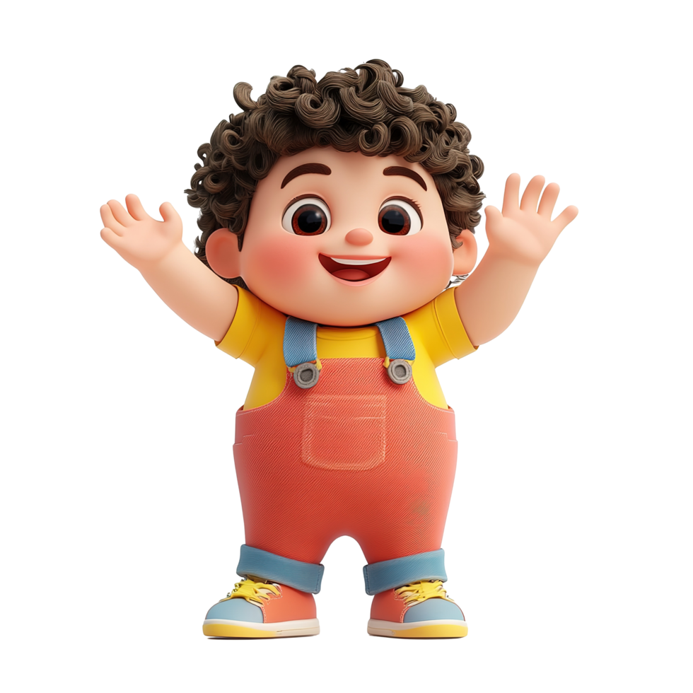 Cheerful Cartoon Boy With Curly Hair Raising Hands Isolated on Transparent Background png