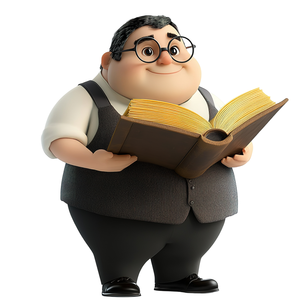 A cheerful cartoon man reads a large golden book, Isolated on Transparent Background png