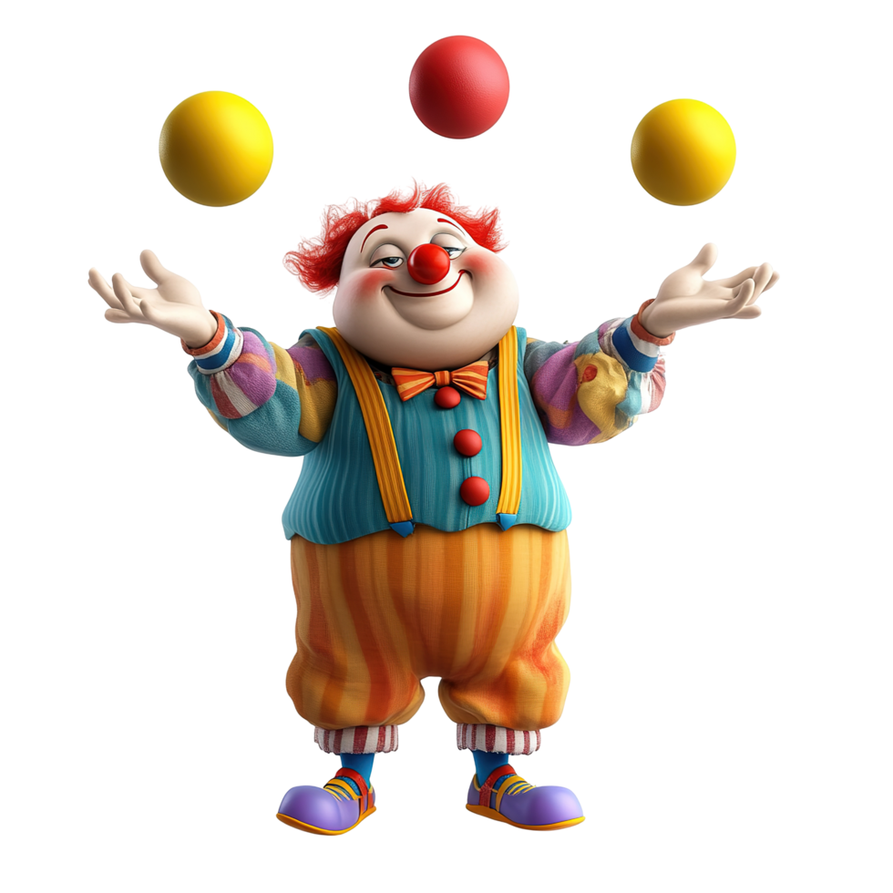 A jovial clown juggles three colorful balls, Isolated on Transparent Background png