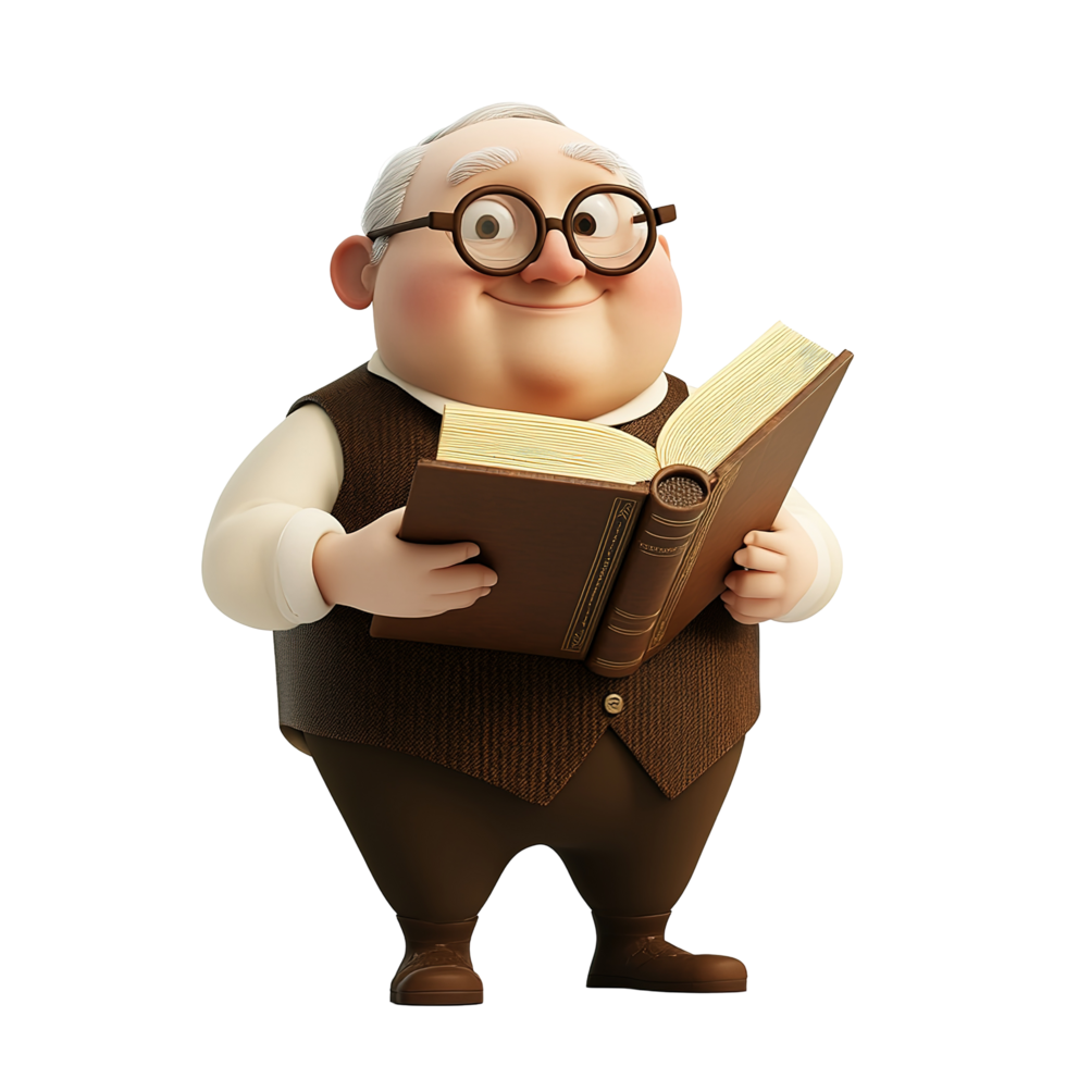 A cheerful elderly cartoon man reads a large book, Isolated on Transparent Background png