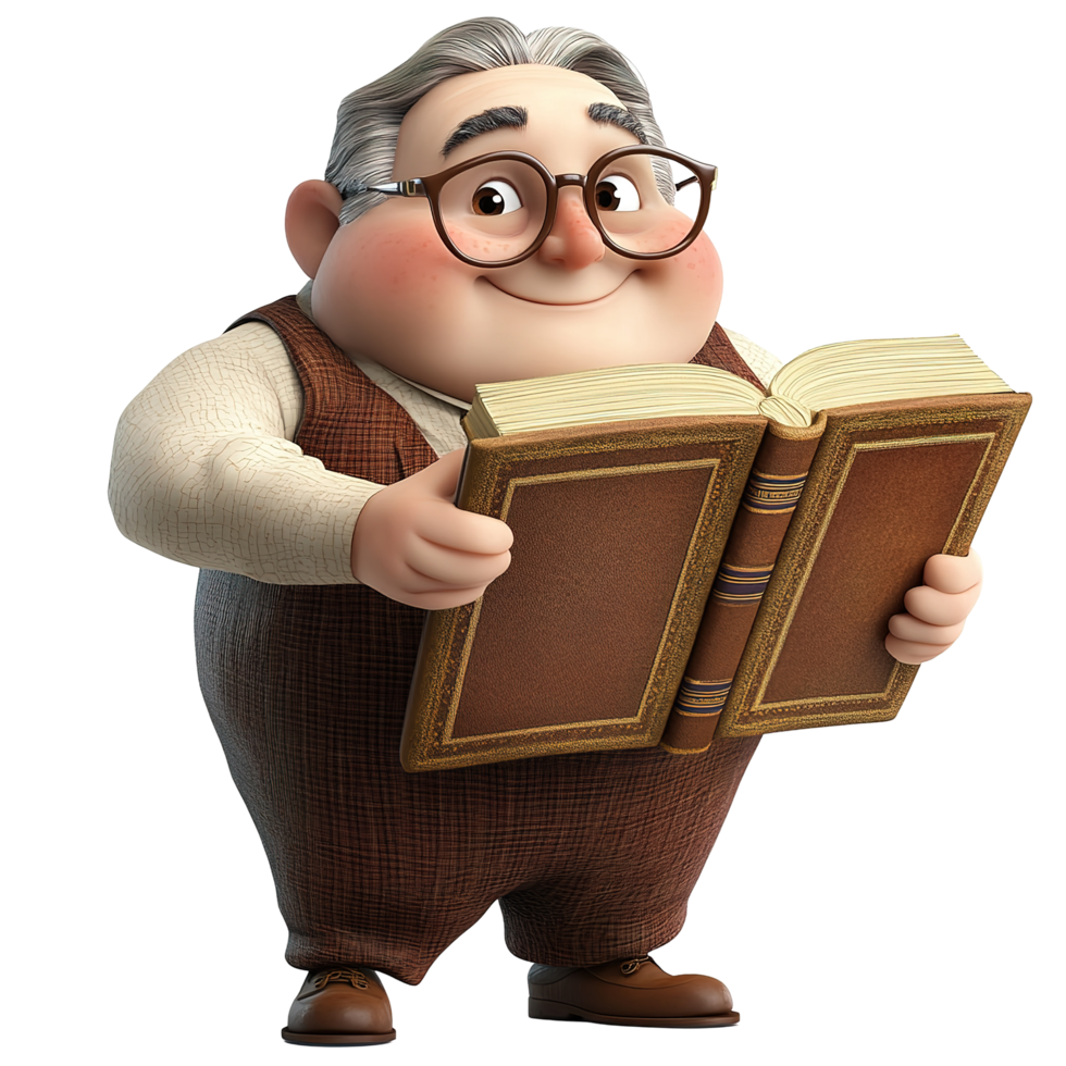 Elderly Cartoon Man Reading an Antique Book Isolated on Transparent Background png