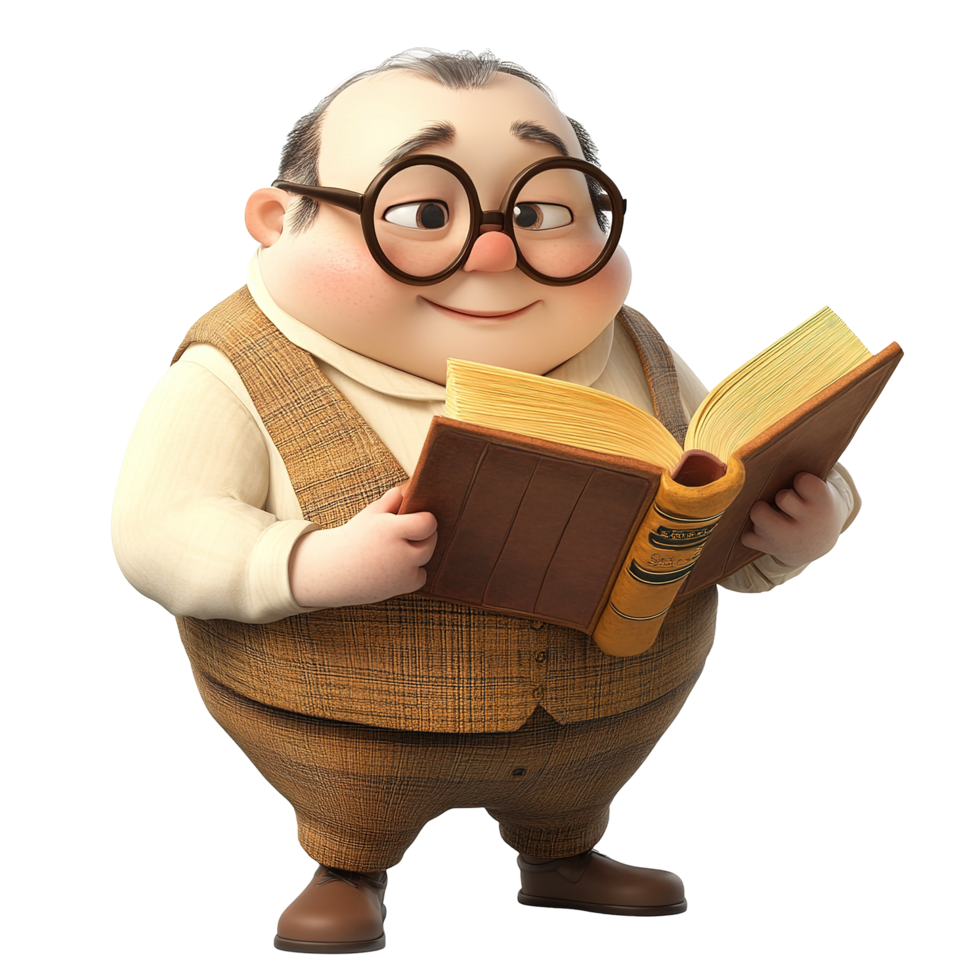 A jovial elderly man reads a large book, Isolated on Transparent Background png