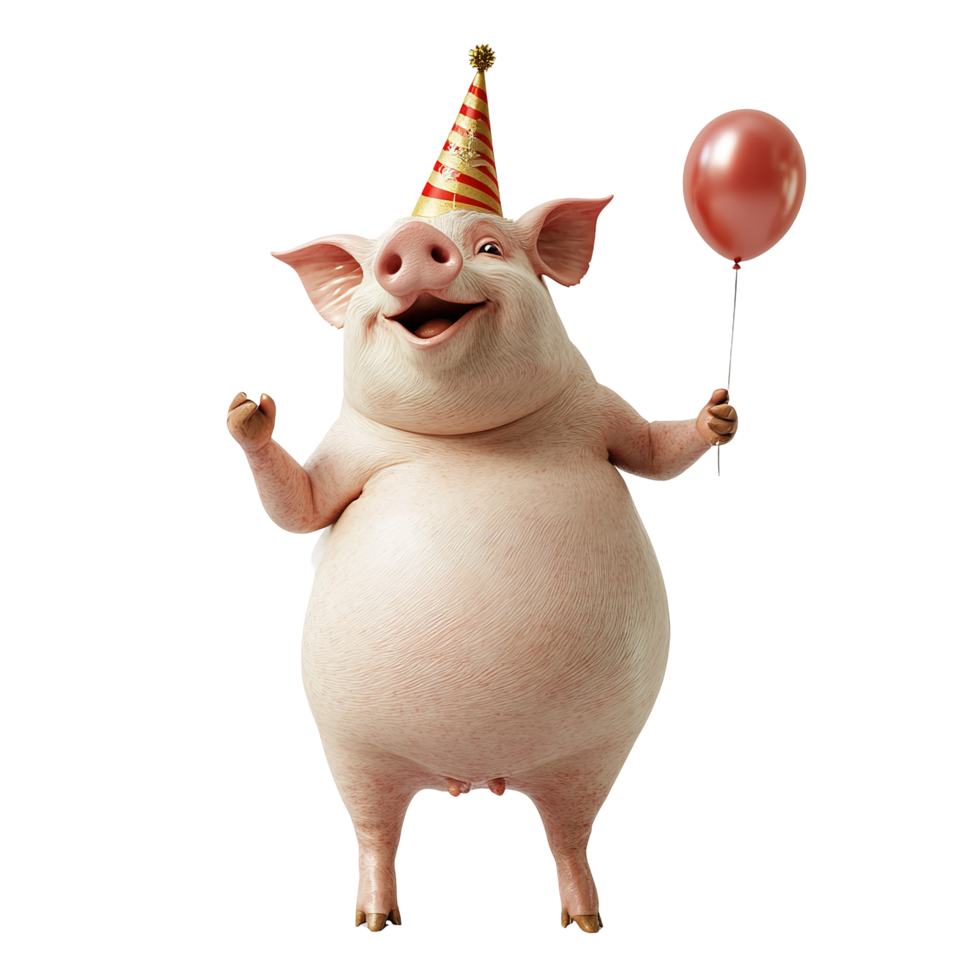 Happy Pig Celebrates Birthday Party With Balloon, Isolated on Transparent Background png