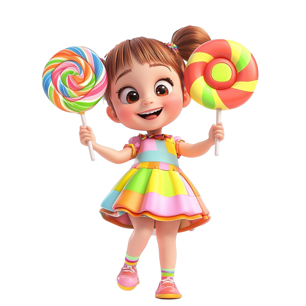 A cheerful girl holds two colorful lollipops, Isolated on Transparent Background png