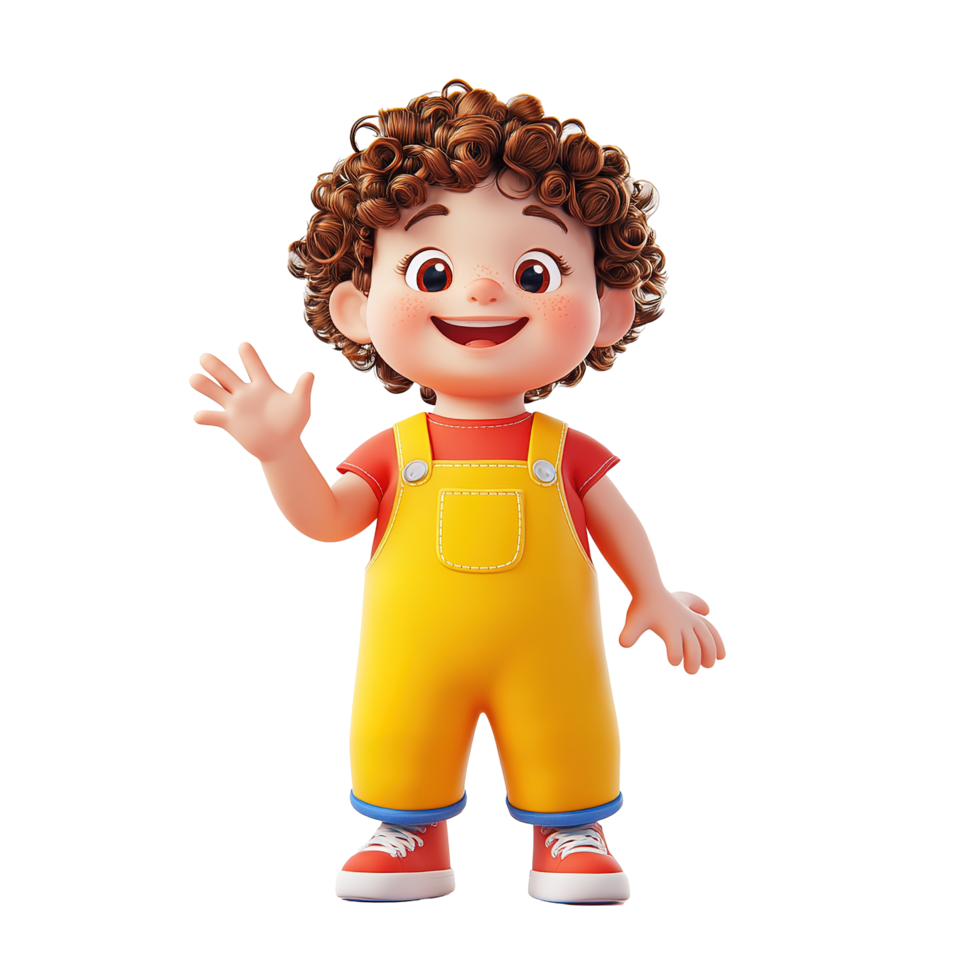 Happy Cartoon Boy Waving Cheerfully Wearing Yellow Overalls Isolated on Transparent Background png
