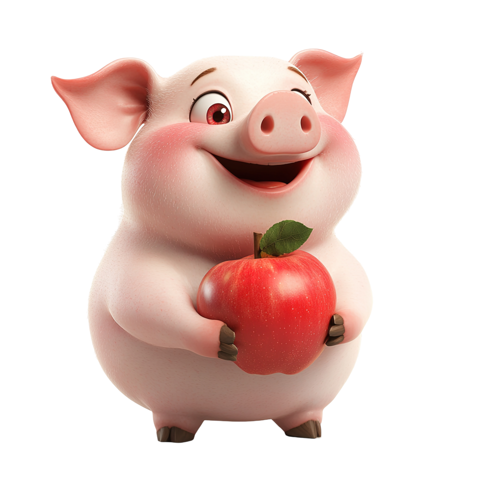 Happy cartoon pig holding a red apple, Isolated on Transparent Background png