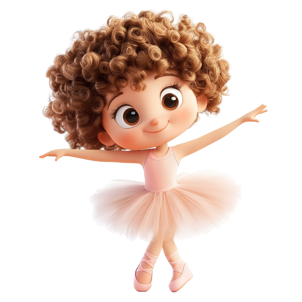 Adorable Curly Haired Ballerina Girl Dancing Isolated on Transparent Background png