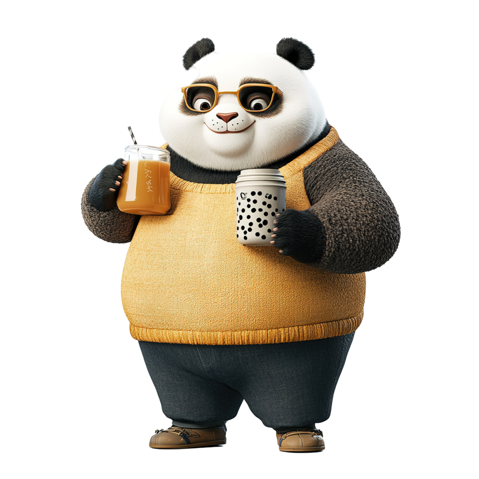 A Stylish Panda Enjoys Drinks and Snacks Isolated on Transparent Background png