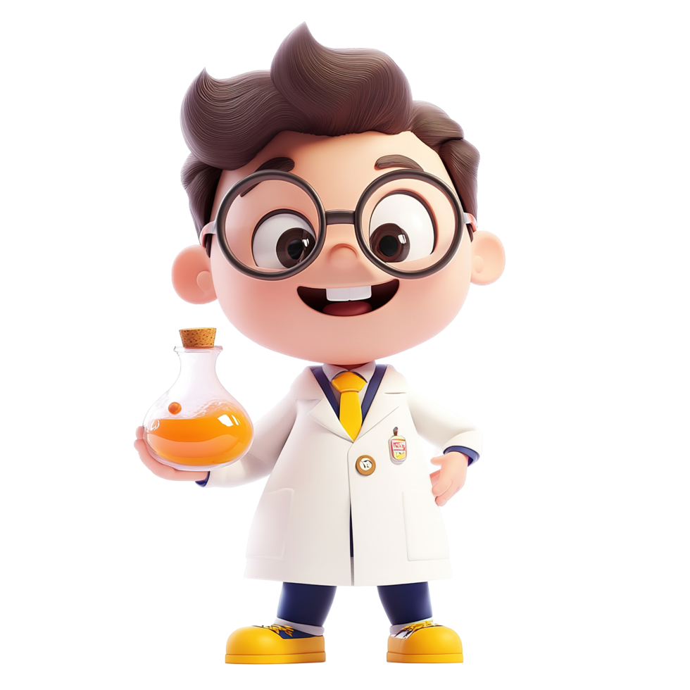 A Happy Cartoon Scientist Holds A Beaker Of Liquid Isolated on Transparent Background png