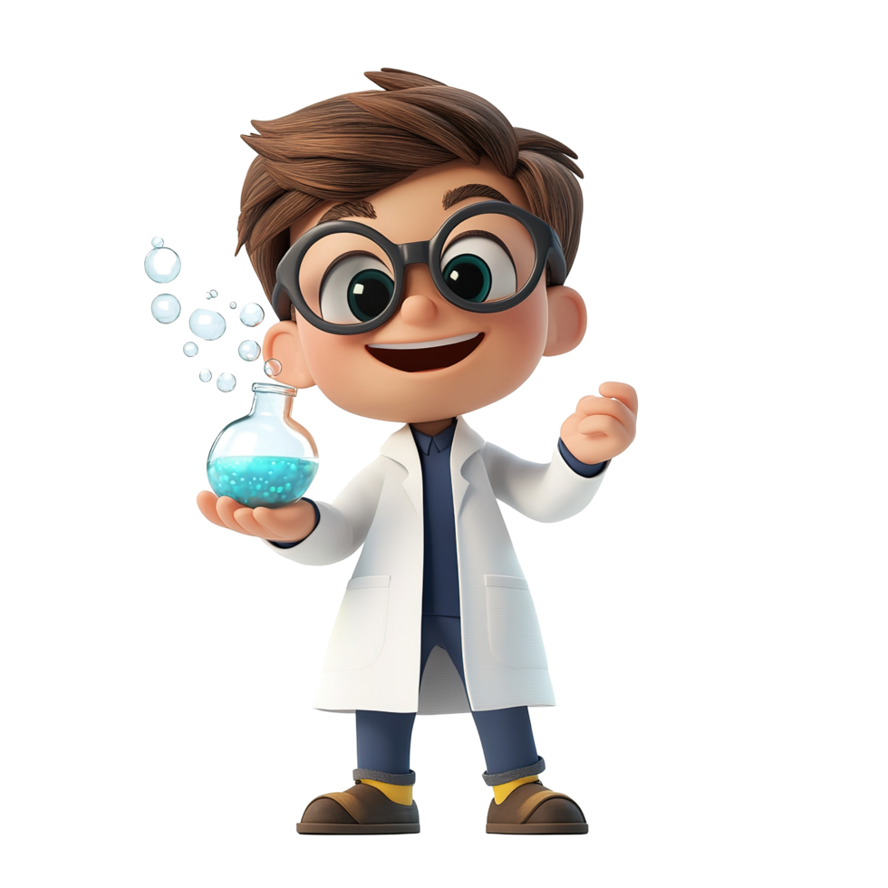A Cartoon Scientist Holds A Beaker Of Blue Liquid, Isolated on Transparent Background png