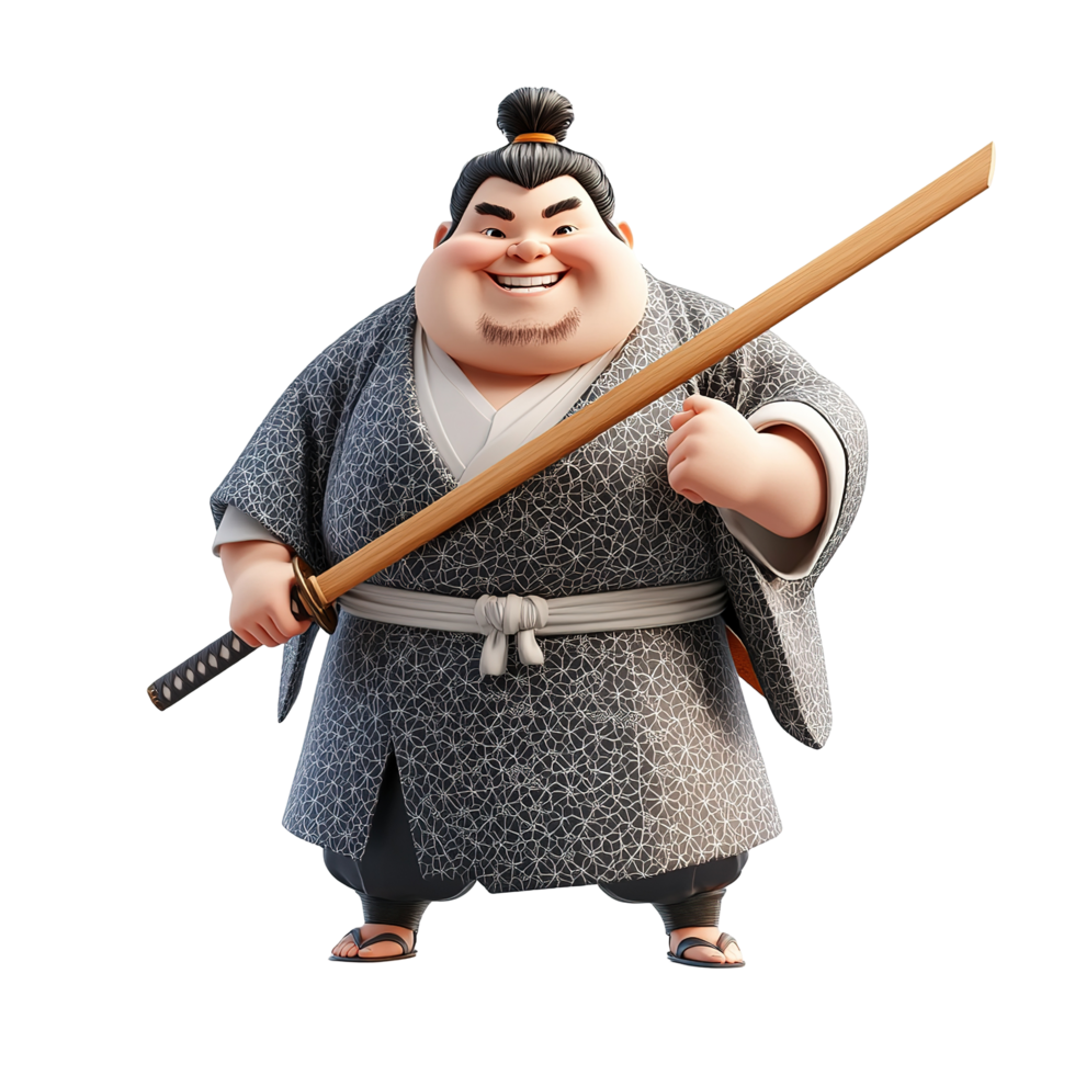 A cheerful chubby samurai holds a wooden katana, Isolated on Transparent Background png