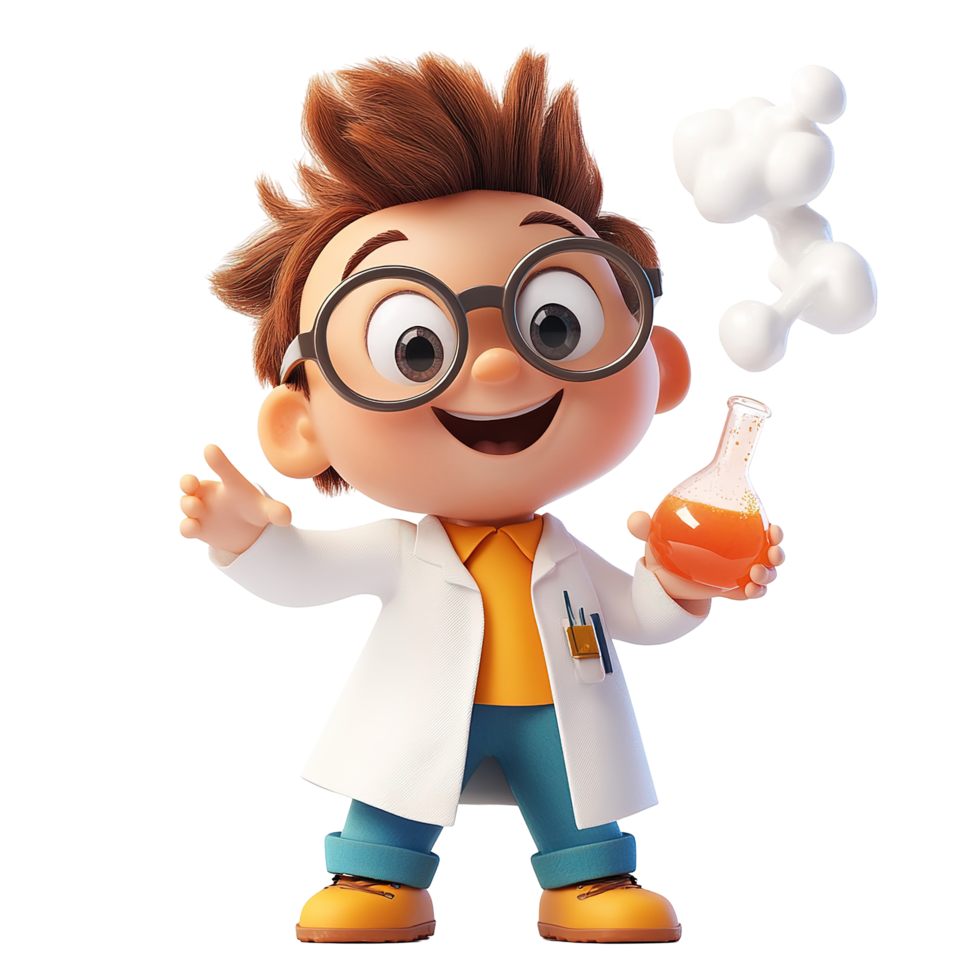 A cheerful cartoon scientist holds a beaker of orange liquid, Isolated on Transparent Background png