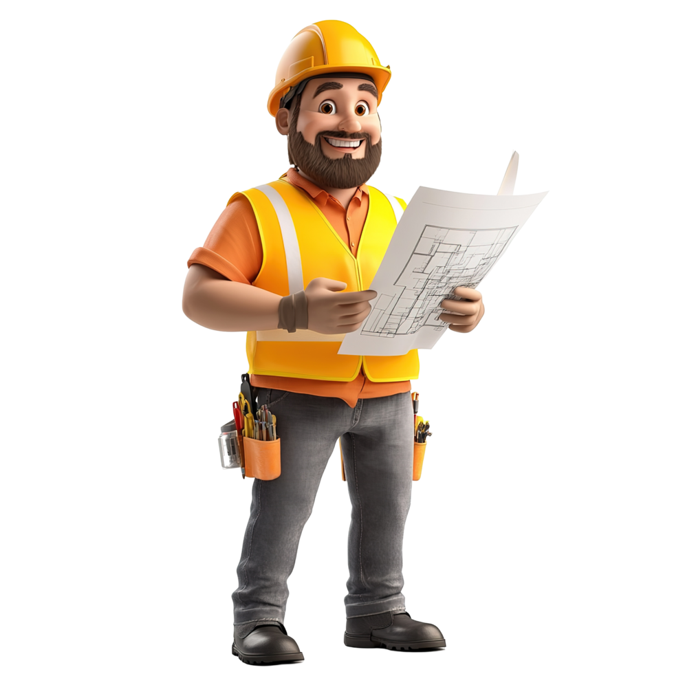 Happy Cartoon Construction Worker Reviewing Blueprints Isolated on Transparent Background png