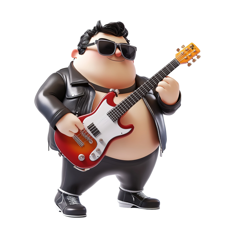 A chubby rocker plays a red electric guitar Isolated on Transparent Background png