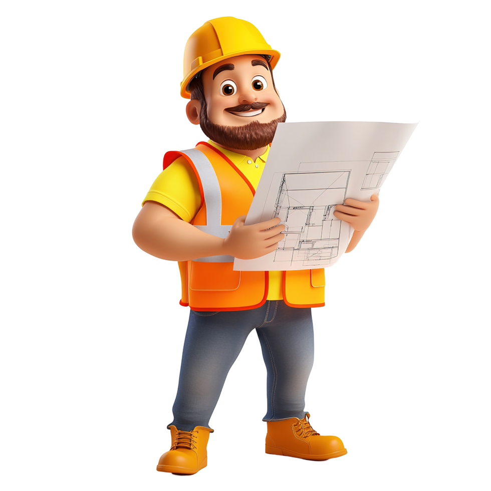 A cheerful cartoon construction worker reviews blueprints, Isolated on Transparent Background png
