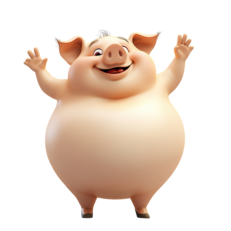 A cheerful cartoon pig joyfully raises its arms, Isolated on Transparent Background png