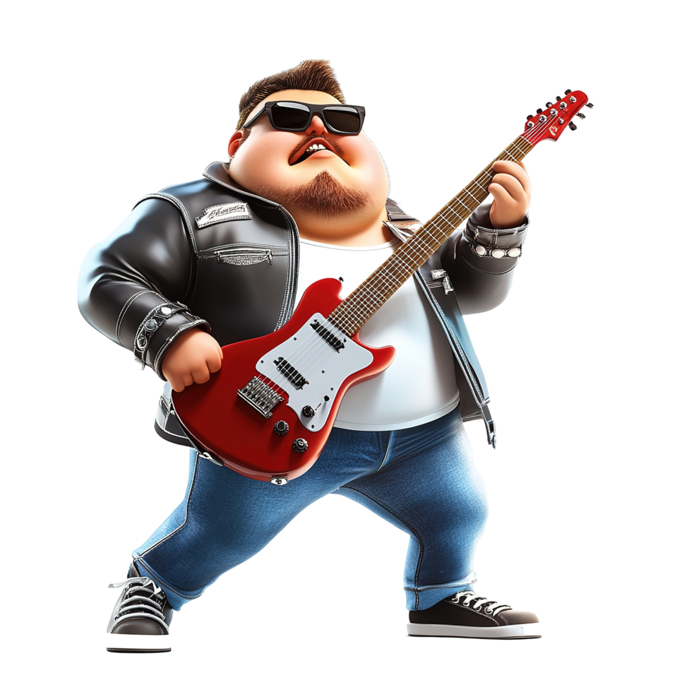 A chubby rocker plays a red electric guitar, Isolated on Transparent Background png
