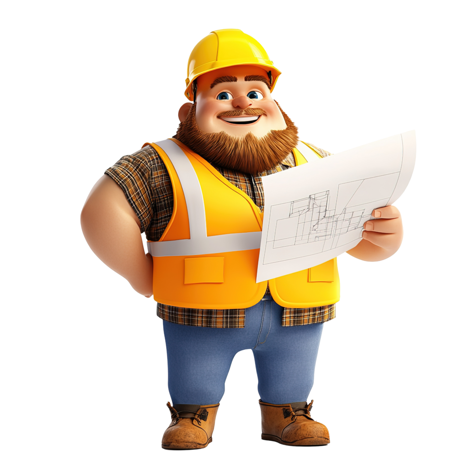 Happy Construction Worker Reviewing Blueprint Plans Isolated on Transparent Background png