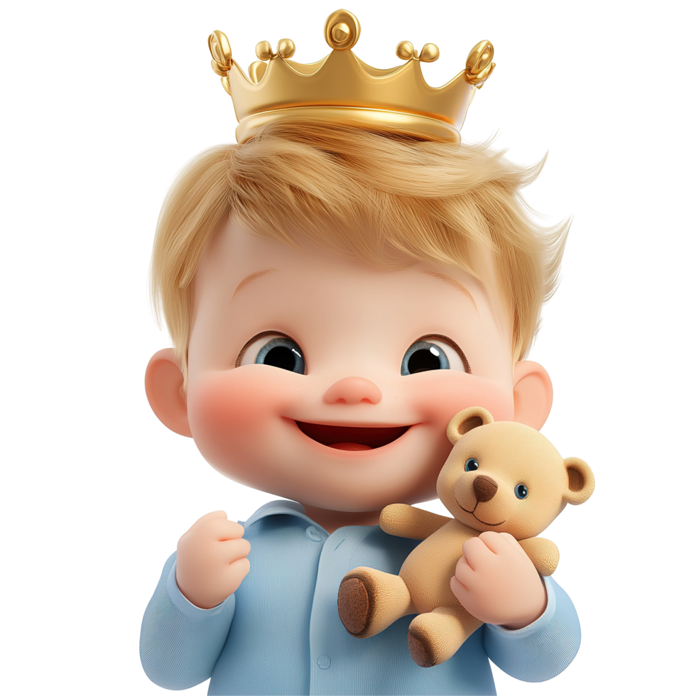 Adorable Baby Prince Holding Teddy Bear Isolated on Transparent Background png