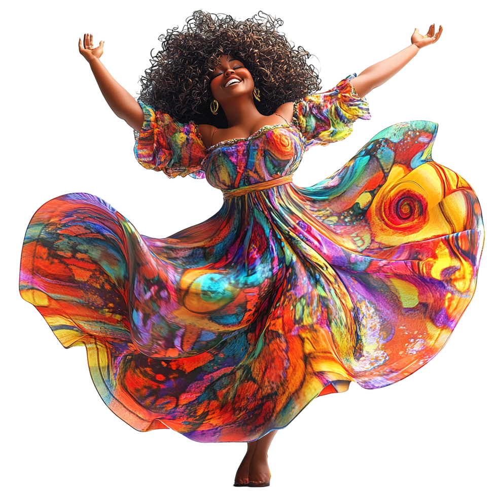 A Joyful Woman Dances In A Vibrant Colorful Dress Isolated on Transparent Background png