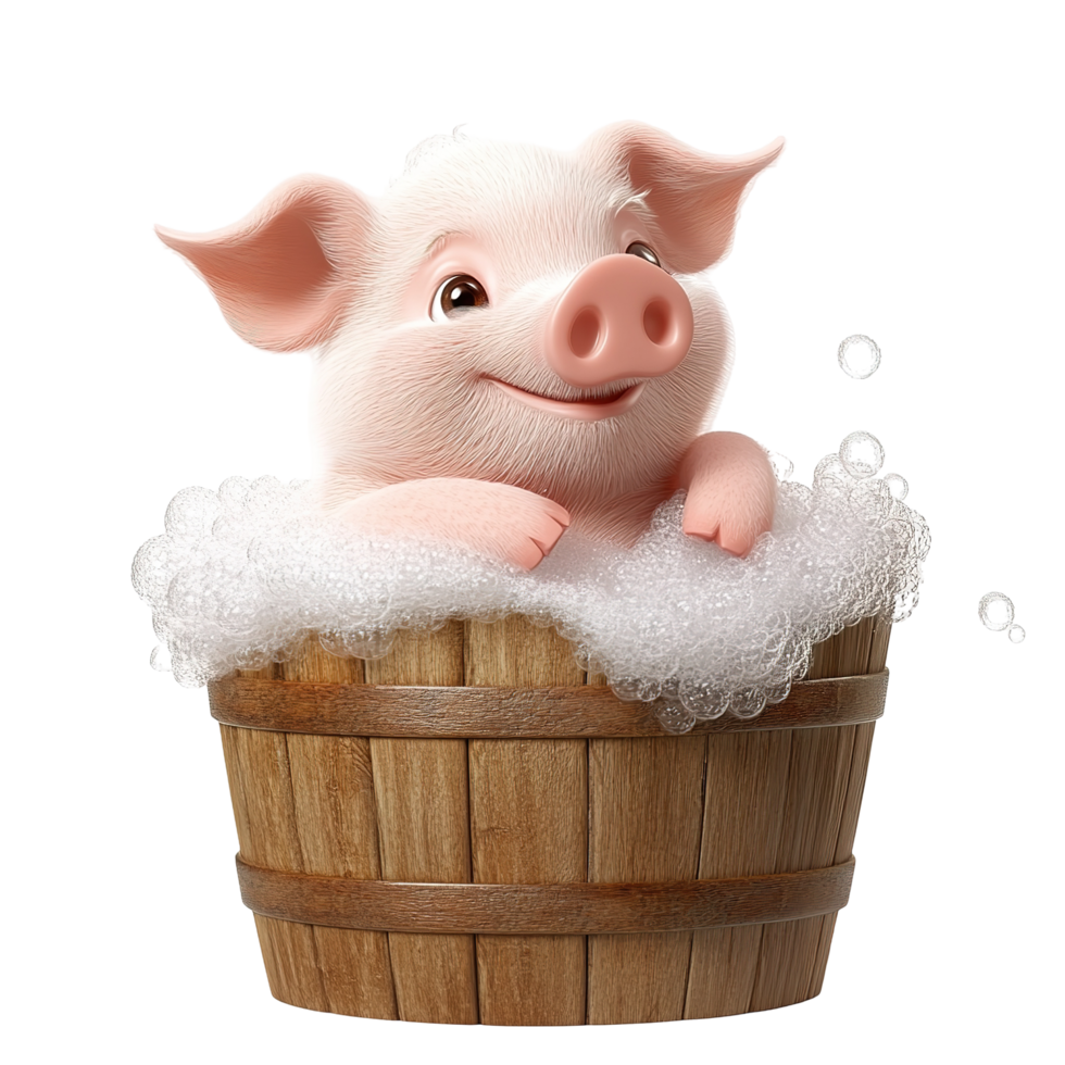 A happy pig enjoys a bubbly bath in a wooden tub isolated on transparent background png