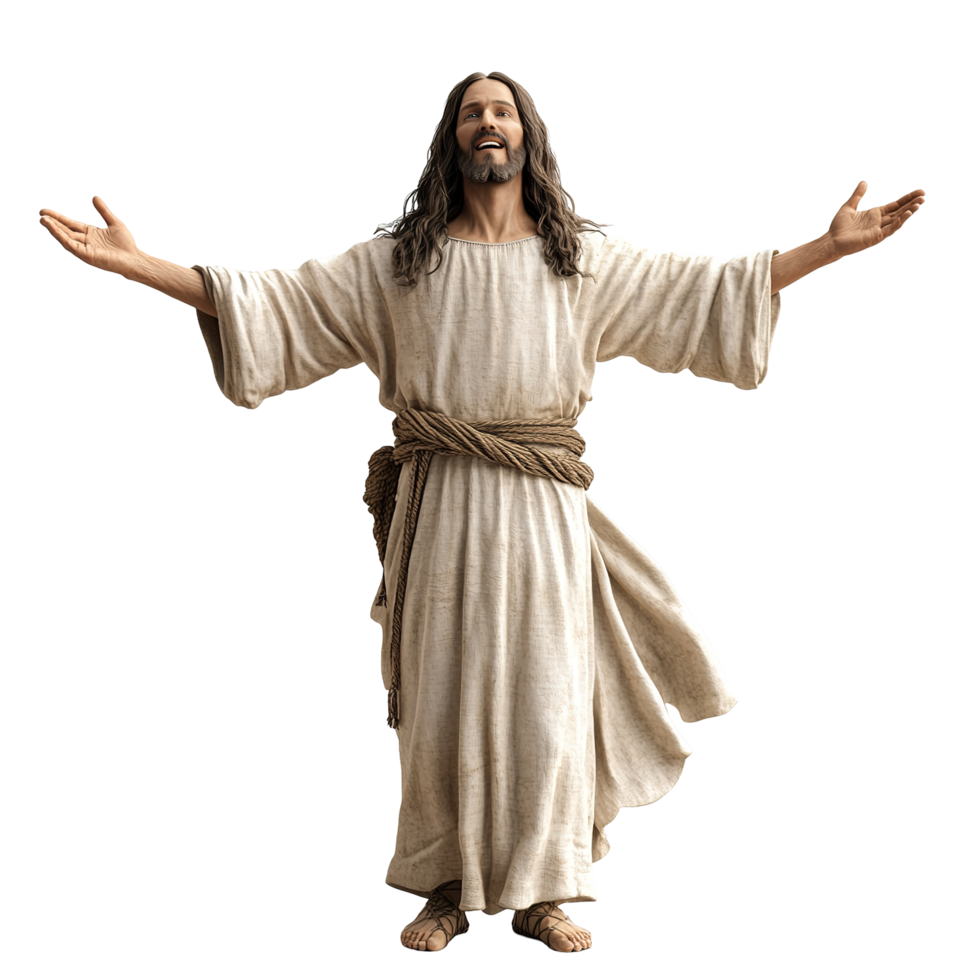 A digital rendering of Jesus Christ with arms outstretched isolated on transparent background png