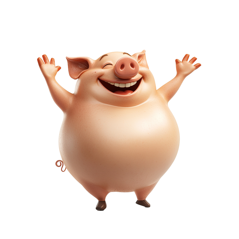 A Joyful Cartoon Pig Raises Its Arms In Celebration Isolated on Transparent Background png