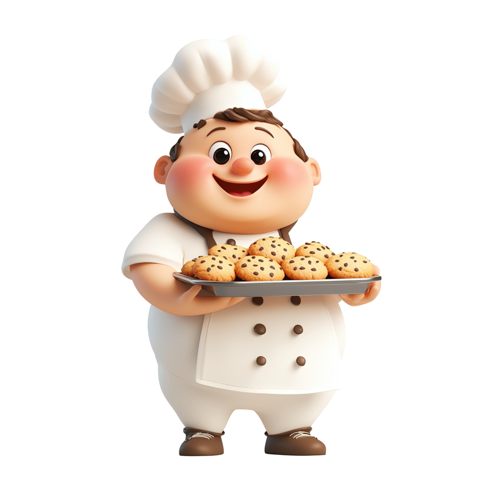 A Happy Cartoon Chef Holds A Tray Of Chocolate Chip Cookies Isolated on Transparent Background png