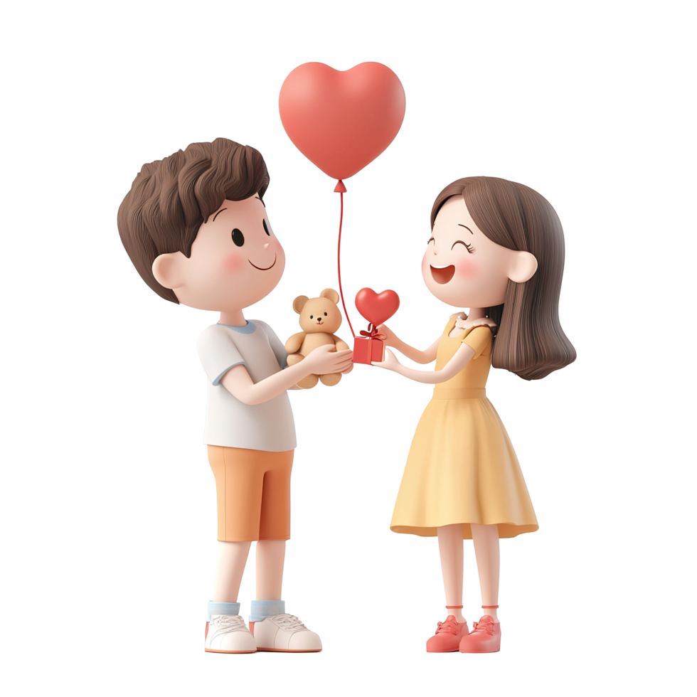 Boy and girl exchanging gifts and a heart balloon, Isolated on Transparent Background png
