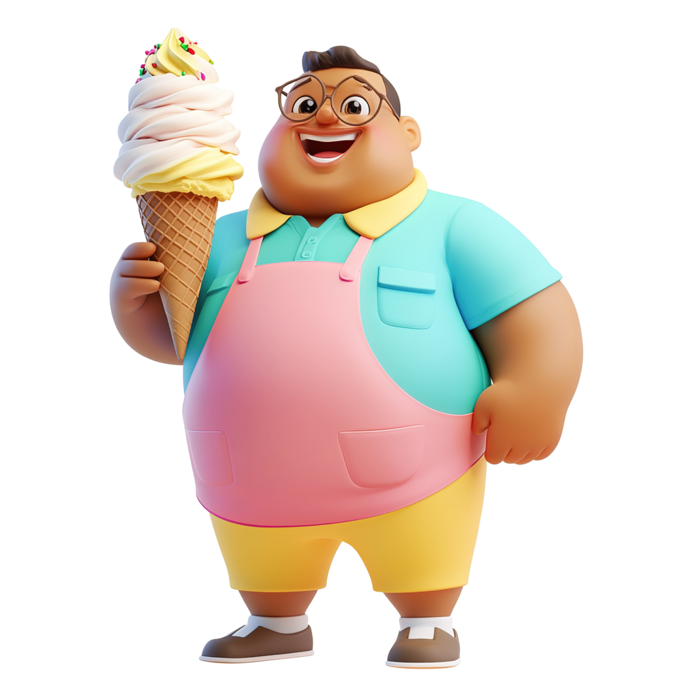 Happy chubby man holds a delicious ice cream cone, Isolated on Transparent Background png