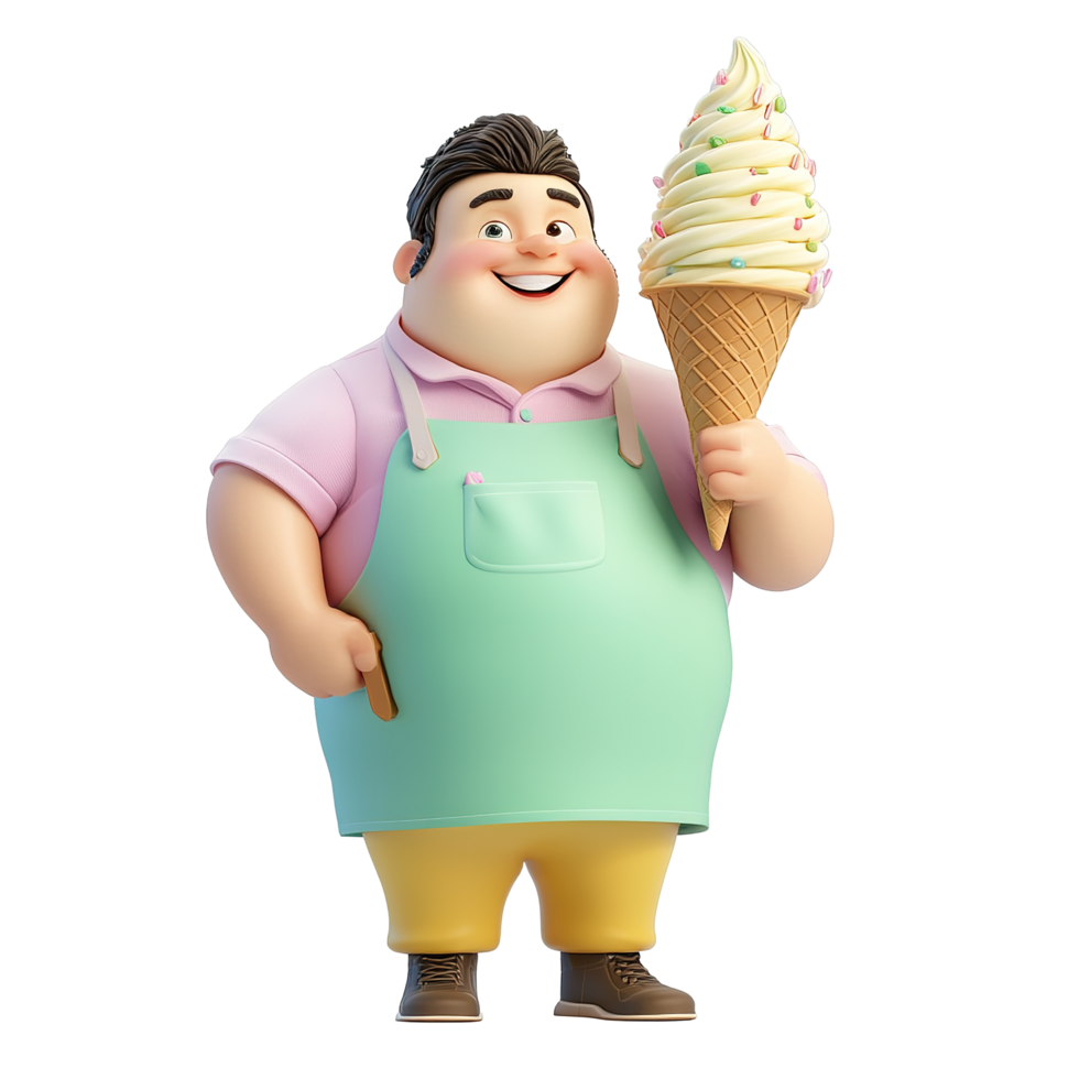 Happy Ice Cream Vendor Holding Large Cone Isolated on Transparent Background png