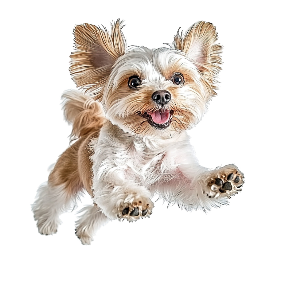 A Happy Yorkshire Terrier Dog in Mid Air Leap Isolated on Transparent Background png
