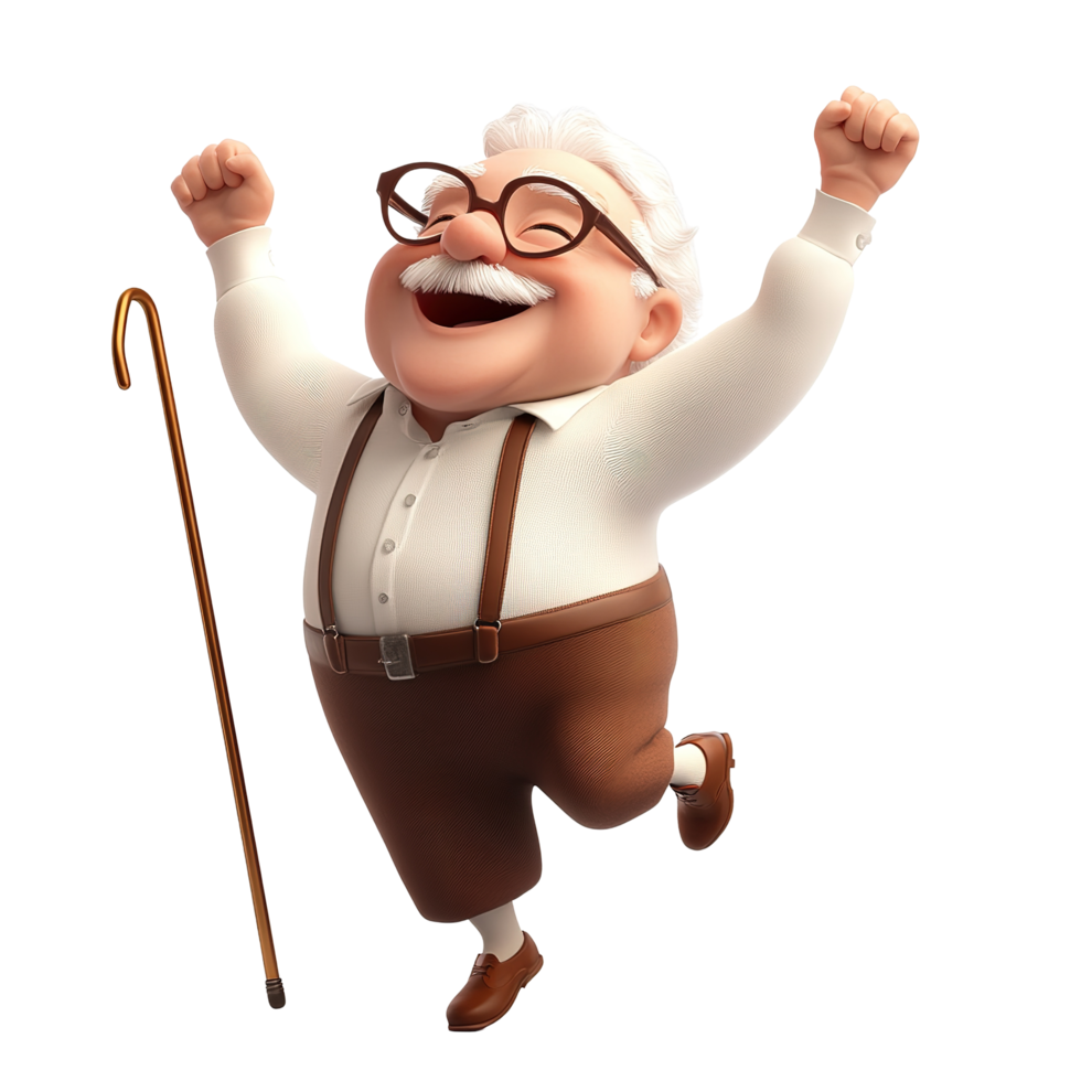 Joyful Elderly Cartoon Man Celebrating With Cane Isolated on Transparent Background png