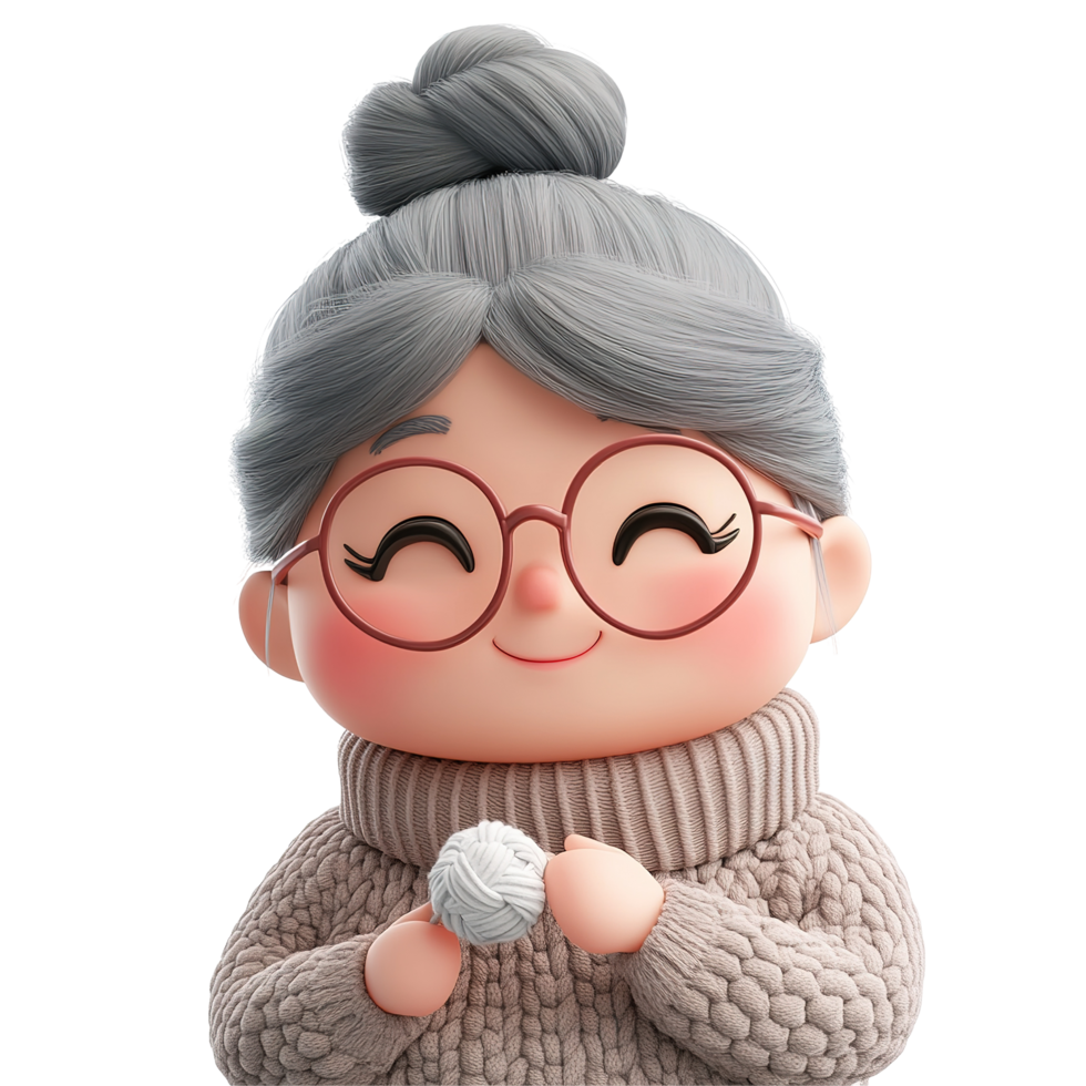 Happy elderly woman knitting yarn sweater, Isolated on Transparent Background png