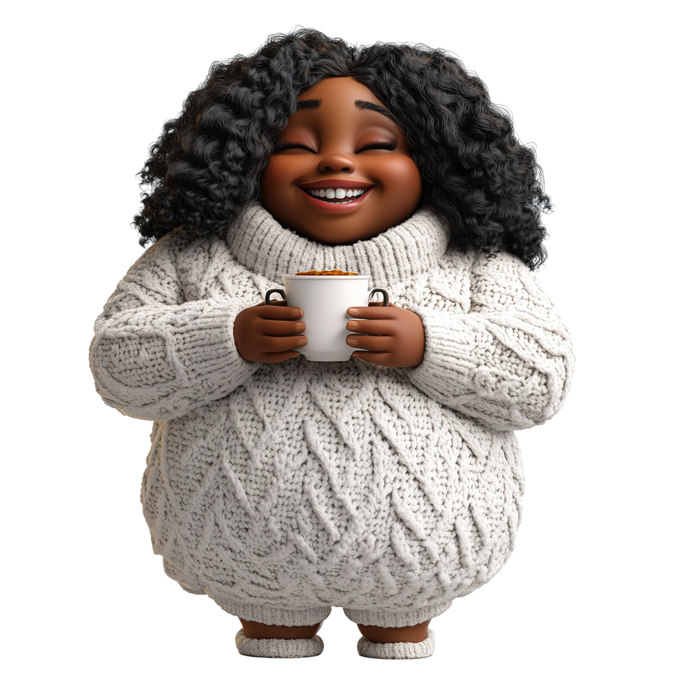 Happy Woman Enjoys Warm Drink Cozy Sweater Winter Isolated on Transparent Background png